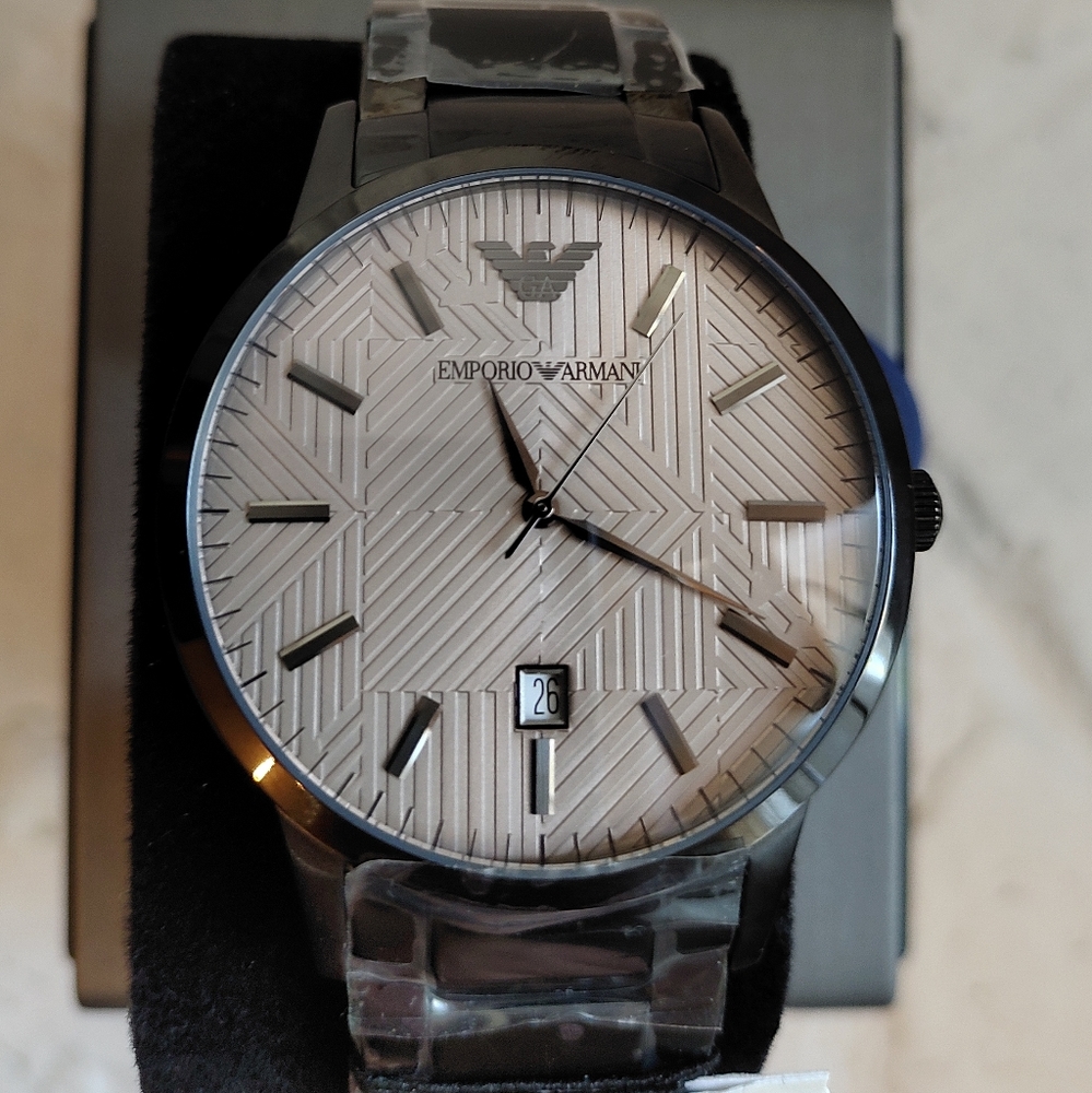 Emporio Armani Renato AR11120 Beige Dial Black Case Steel Bracelet Men's Watch